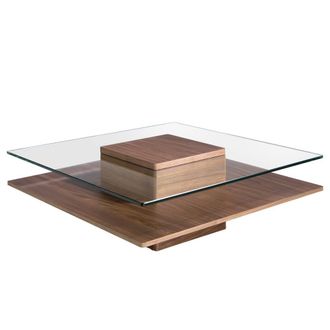 Angel Cerd&aacute; Square Tempered Glass Coffee Table with Walnut Veneer in Brown