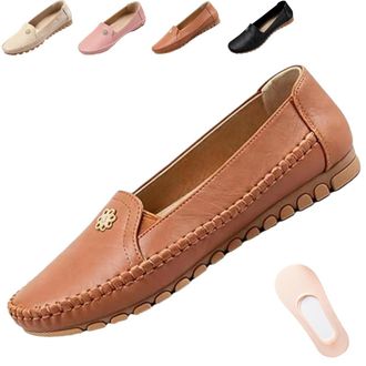 Generic Stylish Orthopedic Leather Shoes All-Day Comfort for Women - Casual Lightweight Slip on Stitched Flat-Soled with Flower (Brown,6.5)