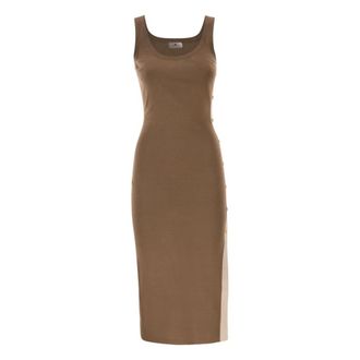 Elisabetta Franchi Gebreide jurk met glanzende viscose banden - Dames - Kleedjes - Bruin - L - Kleedjes