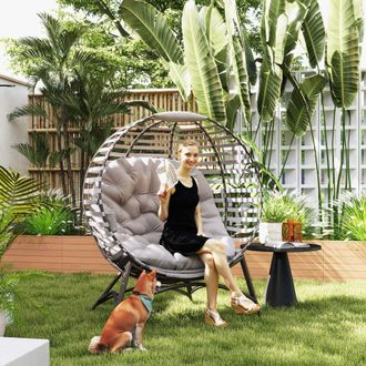 OUTSUNNY Egg Chair w/ Cushion Steel Frame & Side Pocket, Light Grey