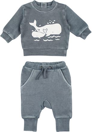 LOvedbaby Organic Cotton Fleece Graphic Sweatshirt & Joggers Set in Moonstone Whale at Nordstrom, Size 12-18M