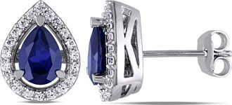 Amour Created Blue and White Sapphire Teardrop Earrings In Sterling Silver