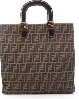 Fendi Black Brown Canvas Leather Handbag Tote Bag (Pre-Owned)