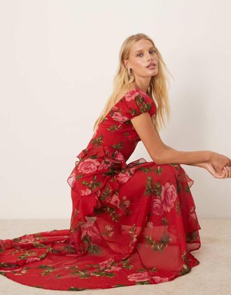 Asos Vestito midi con maniche raccolte e volant rosso a fiori-Multicolore
