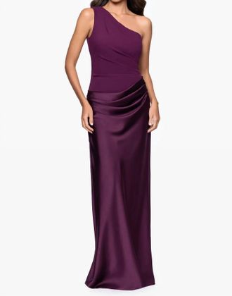 Betsy & Adam Scuba Crepe And Satin One Shoulder Floor Length Dress In Plum