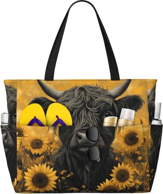 Generic Highland Cow Print Large Beach Bag Foldable Travel Shoulder Tote Bag With Pocket For Weekender Pool Vacation