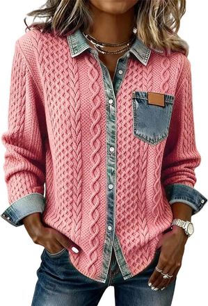 Generic Womens Retro Knitted Denim Shirt Autumn and Winter, Patchwork Jean Trim Long Sleeve Collared Button Placket Casual Top (Pink,S)