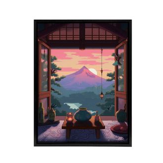Artery8 Japanese Tea House Mount Fuji Sunset View Framed Canvas Wall Art Print in Pink | Size: W24 x H32