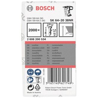 Bosch Perno a testa svasata SK64 20NR, 38 mm in acciaio inossidabile, 2000 pezzi