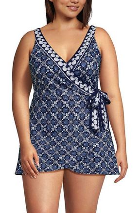 Lands End Side Tie Mini Swim Dress Swimsuit in Seashell Geo/navy Border at Nordstrom, Size 16W