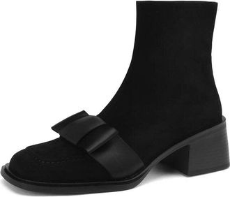 TinaCus Handmade Womens Suede Leather Bow D&eacute;cor Comfort Square Toe Side Zipper Mid Block Heel Ankle Boots Shoes, Black, 6 UK