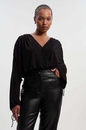 Karen Millen Womens Plus Size Stretch Drapey Crepe Ruched Plunge Neck Batwing Sleeve Bodysuit - Black - Size 3XL