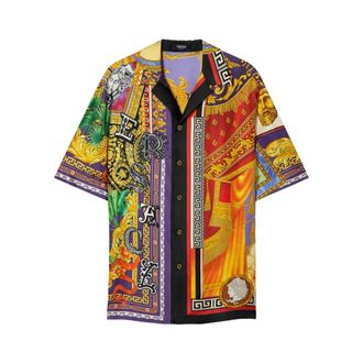 Versace Short Sleeve Shirts, male, Multicolor, XL, Printed Silk Twill Regular Shirt