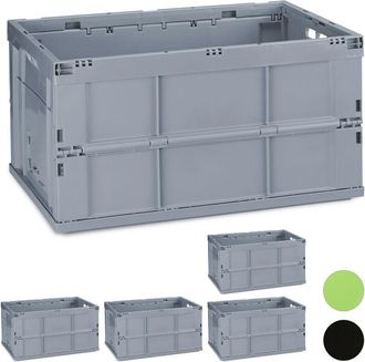 Relaxdays 5 Cajas De Almacenaje Plegables 60 L, Pl&aacute;stico, 31.5 X 58.5 X 40 Cm, Gris