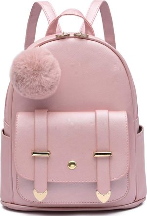 I Ihayner Girls Fashion Backpack Mini Backpack Purse for Women Teenage Girls Purses PU Leather Pompom Backpack Shoulder Bag, Gold Pink, Small