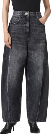 AllSaints Carter Rhinestone Button Barrel Leg Jeans in Washed Black at Nordstrom, Size 27