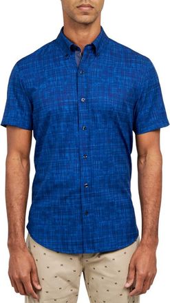 ConStruct Slim Fit Four-Way Stretch Performance Chambray Short Sleeve Button-Down Shirt in Navy Chambray at Nordstrom Rack, Size Xx-Large