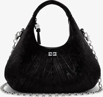 Ganni Black Velvet Moire Mini Hobo Bag