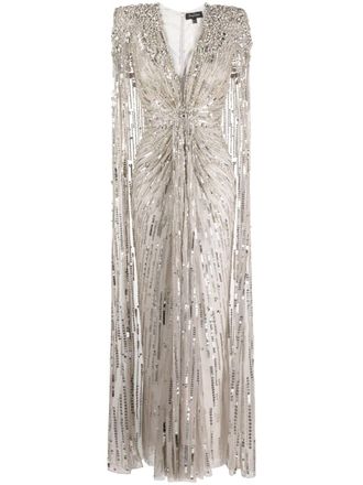 Jenny Packham Lotus Lady embellished cape gown - women - Polyester - 10 - Grey