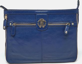 Roberto Cavalli Blue Leather Rc Zip Around Clutch