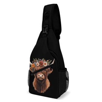 Generic Highland Cow with Flowers Cute Unisex Shoulder Bags Casual Crossbody Chest Bag Sling Backpack for Hiking Cycling Travel