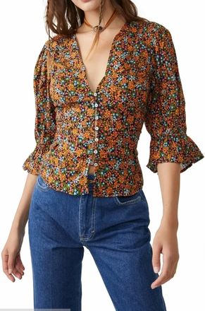 Free People I Found You Floral Print Button Front Blouse In Navy
