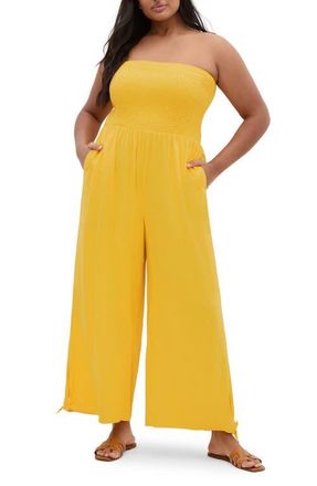 City Chic Ally Smocked Strapless Wide Leg Jumpsuit in Citrus at Nordstrom, Size Xxxs