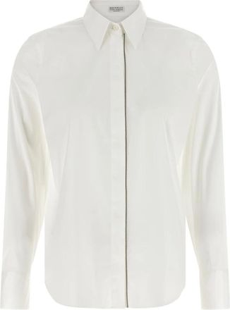 Brunello Cucinelli Stretch Cotton Poplin Shirt with Shiny Trim - female - Brunello Cucinelli - Shirts - White - XS - Blouses & Shirts