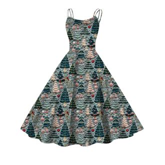 Generic Womens Vintage Sleeveless Print Christmas Party Swing Dress Ladies Sexy Xmas Dresses Christmas Evening Swing Print Dress Sexy Sleeveless A line Cockta