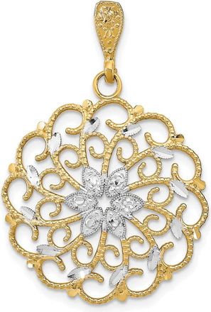 Diamond2Deal 14k Yellow Gold and White Rhodium Diamond-cut Scalloped Wave Charm Pendant