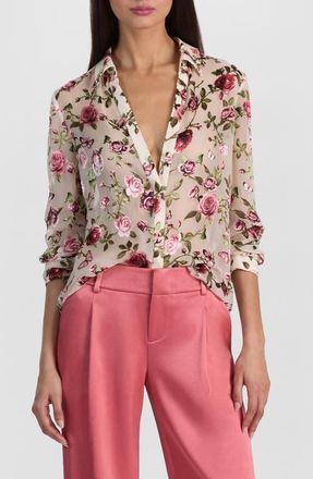 Alice & Olivia Eloise Floral Silk Button-Up Shirt in Garden Gossip Off White at Nordstrom, Size X-Small