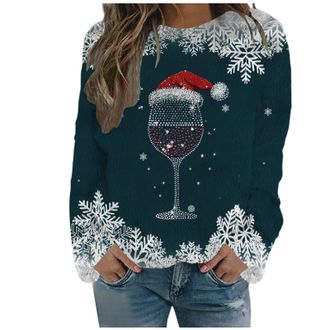 Generic Christmas Sweaters for Women Trendy Ribbed Color Block Crew Neck Red Heart Cozy Fashion Long Sleeve Blouse Family Navy S
