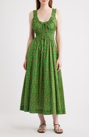 D&ocirc;en Emmaretta Floral Pleated Cotton Voile Maxi Dress in Emerald Jardin Du Chateau at Nordstrom, Size Xx-Small