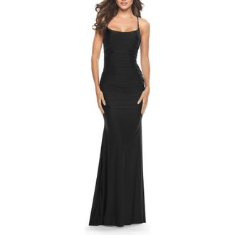 La Femme Intricate Lace Up Back Jersey Gown with Ruching in Black at Nordstrom, Size 12