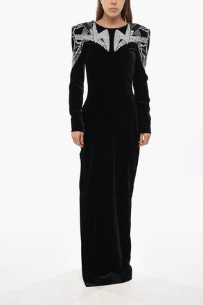 Balmain Maxi Vestito in Velour con Gioielli e Schiena Scoperta Balmain