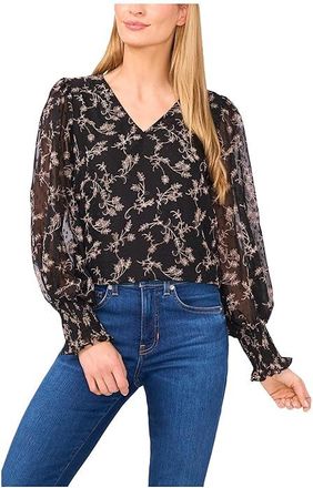 CeCe by Cynthia Steffe Long Sleeve Smocked Cuff Clip Dot Top Womens Clothing Rich Black : LG, Polyester