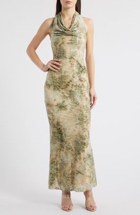 Rare London Burnout Cowl Neck Maxi Cocktail Dress in Olive/Beige at Nordstrom, Size X-Small