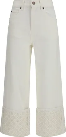 Tory Burch Womens Straight-Leg Jeans With T Monogram Cuffs, White Cotton