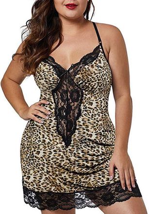 Generic Womens Plus Size Lingerie Sexy Leopard Lace Trim Negligee Fashion Hollow Out Spaghetti Straps V Neck Nightgown Cozy Loose Oversized Nighties Yellow
