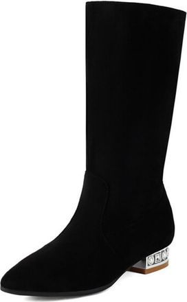 Generic Womens Faux Suede Mid-Calf Boots with Rhinestone Flat Heel Casual Boots Pointed Toe Slouch Short Boot,Black,3.5 UK