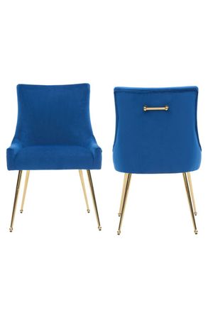 Life Interiors Set of 2 Viviana Velvet Dining Chairs with Gold Legs & Ring Handle in Blue