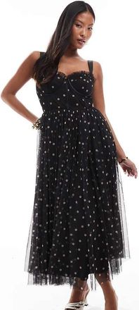 Lace & Beads Petite corset midi dress in black polka dot