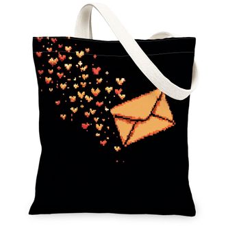 Generic Heart Envelope Canvas Tote Bags, Love Letter Design Reusable Grocery Bags, Fall Floral Vintage Lightweight Washable Shoulder Strap Canvas for Shopping