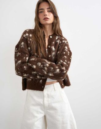 Topshop Cardigan in maglia spazzolata marrone animalier