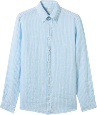 Brooks Brothers Slim Fit Gestreept Linnen Overhemd met Knopen - Heren - Casual Overhemden - Blauw - L - Linnen - Overhemden