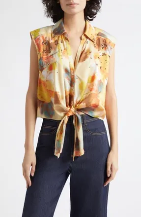 Cinq &agrave; Sept Watercolor Floral Crystal Embellished Tie Front Top in Smoke Sand Multi at Nordstrom, Size Xx-Small