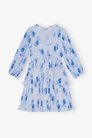 Ganni Blue Pleated Georgette Flounce Smock Mini Dress - Size 2
