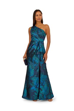 Adrianna Papell Womens One Shldr Jacq Gown - Blue - Size 18 UK