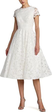 Mac Duggal Petite Lace Embellished Cap Sleeves A Line Midi Dress in Ivory at Nordstrom, Size 10P