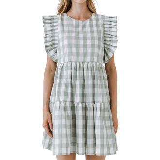 English Factory Gingham Ruffle Minidress in Sage at Nordstrom Rack, Size X-Small